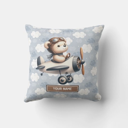 男の赤ちゃん子供部屋ブルーブラウンテディベア枕 クッション (裏面)