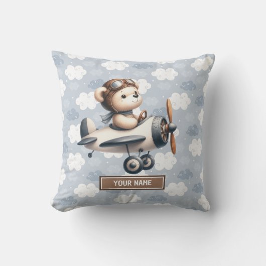 男の赤ちゃん子供部屋ブルーブラウンテディベア枕 クッション (正面)