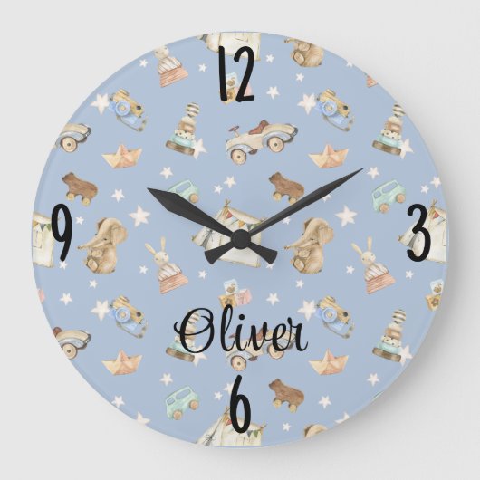 男の赤ちゃん子供部屋水彩ヴィンテージおもちゃ10.75-in ラージ壁時計 (正面)