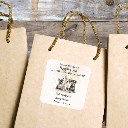 男の赤ちゃん子犬の尾ベビーシャワー スクエアシール