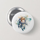 男の赤ちゃん宇宙飛行士の水の色シール 缶バッジ (正面&裏面)