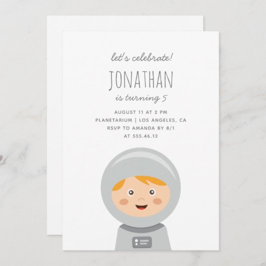 男の赤ちゃん宇宙飛行士キッズ宇宙誕生日パーティー 招待状 (正面/裏面)