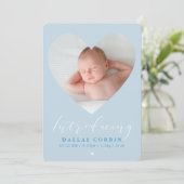 男の赤ちゃん導入写真ハート枠ブルー淡い色の 招待状 (スタンド正面)