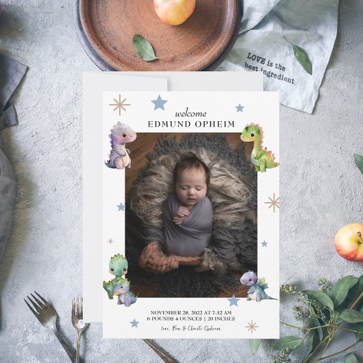 男の赤ちゃん恐竜誕生写真 案内状
