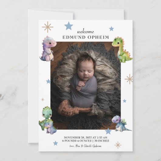 男の赤ちゃん恐竜誕生写真 案内状 (正面)