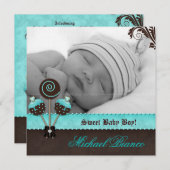 男の赤ちゃん招待状アナウンスケーキポップブルー 招待状 (正面/裏面)