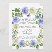 男の赤ちゃん散水シャワーブルーnホワイトローズフローラ 招待状 (正面/裏面)