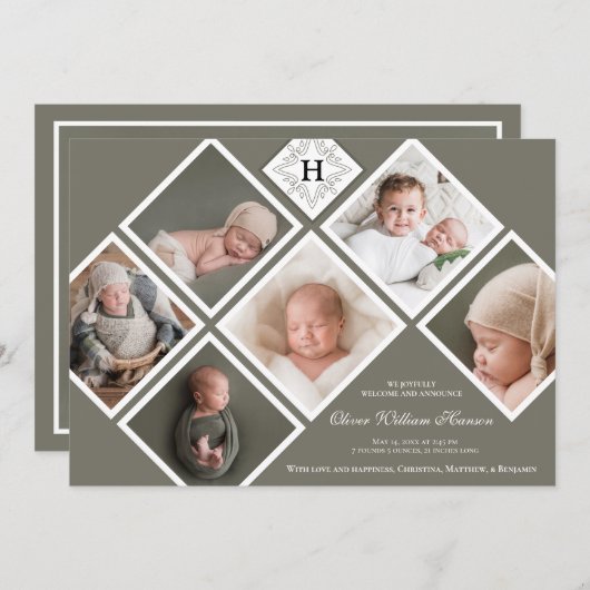 男の赤ちゃん数々のフォトオリーブモノグラム誕生 案内状 (正面/裏面)