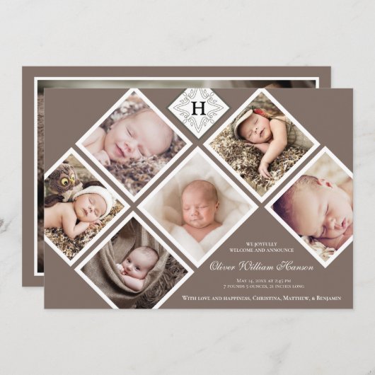 男の赤ちゃん数々のフォトニュートラルモノグラム 案内状 (正面/裏面)