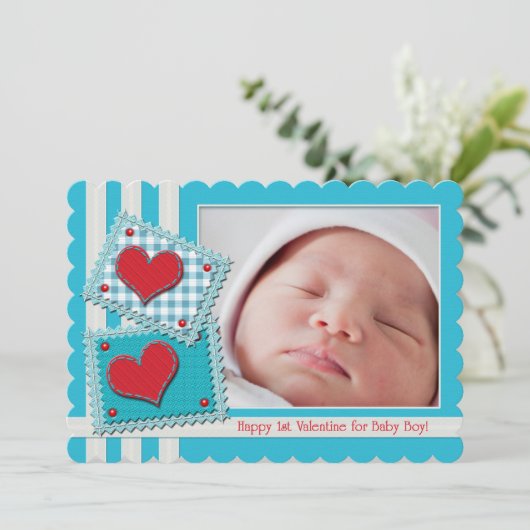 男の赤ちゃん最初のバレンタインファブリックハートパッチかわいい (スタンド正面)