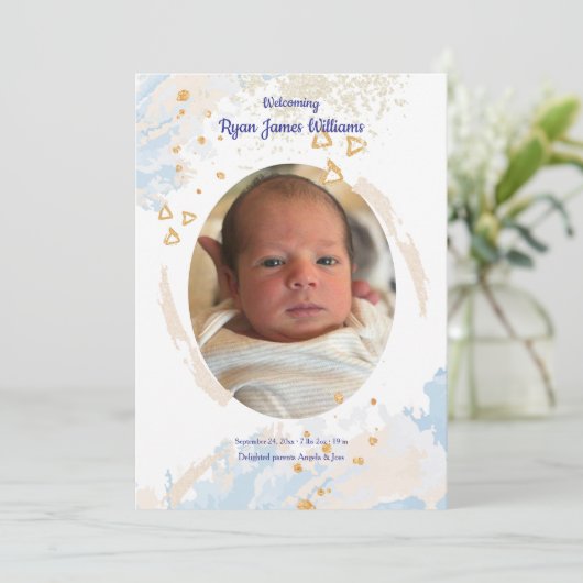 男の赤ちゃん歓迎の誕生のお知らせ 招待状 (スタンド正面)