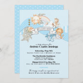 男の赤ちゃん水彩ブルーベビーシャワー 招待状 (正面/裏面)