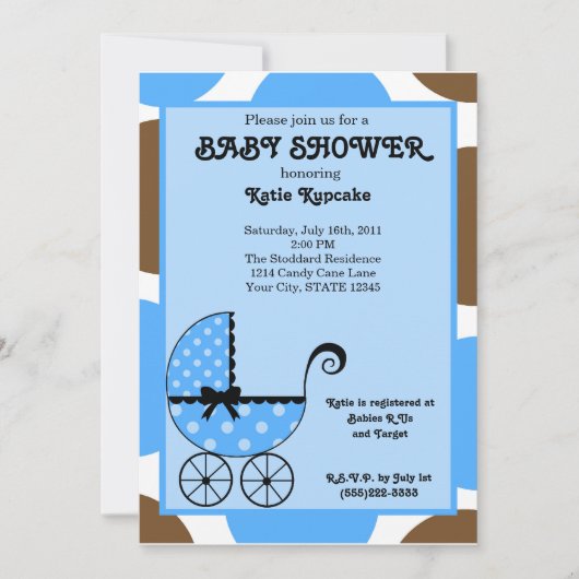 男の赤ちゃん水玉模様ベビーカーのベビシャワー招待状 招待状 (正面)