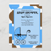 男の赤ちゃん水玉模様ベビーカーのベビシャワー招待状 招待状 (正面/裏面)