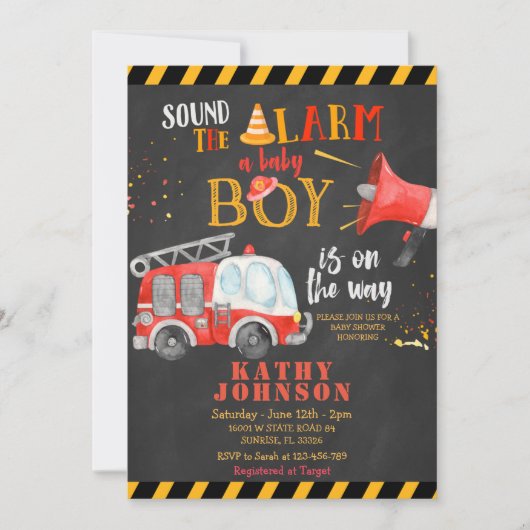 男の赤ちゃん消防車の赤ちゃんシャワーアラーム音 招待状 (正面)
