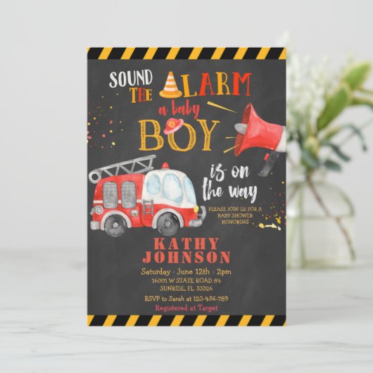 男の赤ちゃん消防車の赤ちゃんシャワーアラーム音 招待状 (スタンド正面)