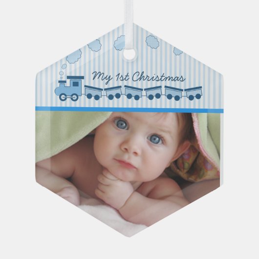 男の赤ちゃん潮潮汽車フォト誕生Stat Keepsake ガラスオーナメント (正面)