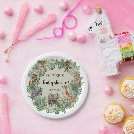 男の赤ちゃん熱帯ジャングルサファリ動物シャワー ペーパープレート (パーティー)