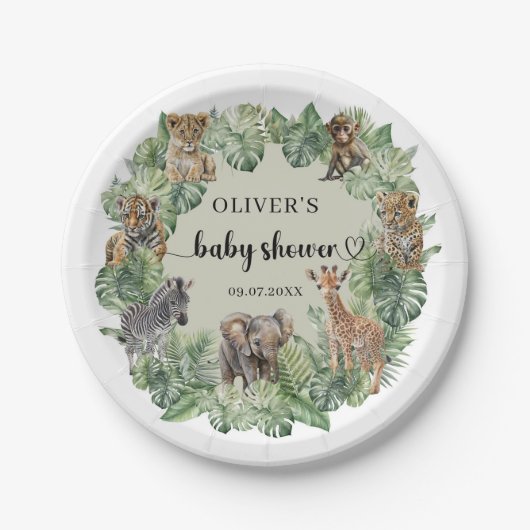男の赤ちゃん熱帯ジャングルサファリ動物シャワー ペーパープレート (正面)