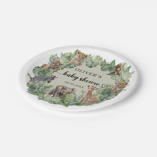 男の赤ちゃん熱帯ジャングルサファリ動物シャワー ペーパープレート (アングル)