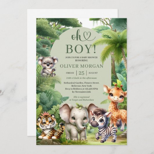 男の赤ちゃん熱帯ジャングルサファリ動物シャワー 招待状 (正面/裏面)