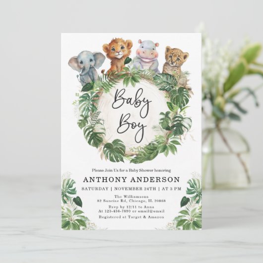 男の赤ちゃん熱帯ジャングルサファリ動物シャワー 招待状 (スタンド正面)