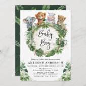 男の赤ちゃん熱帯ジャングルサファリ動物シャワー 招待状 (正面/裏面)