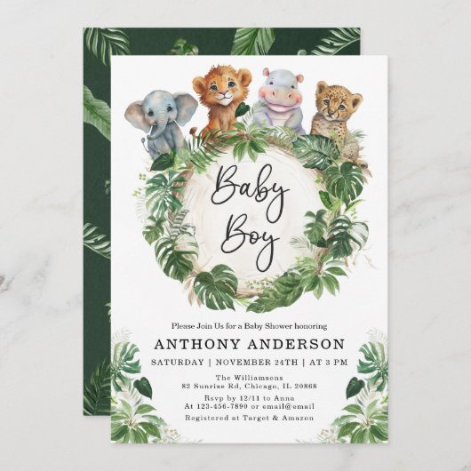 男の赤ちゃん熱帯ジャングルサファリ動物シャワー 招待状 (正面/裏面)