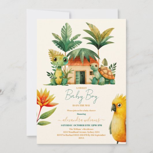 男の赤ちゃん熱帯ジャングルサファリ動物シャワー 招待状 (正面)