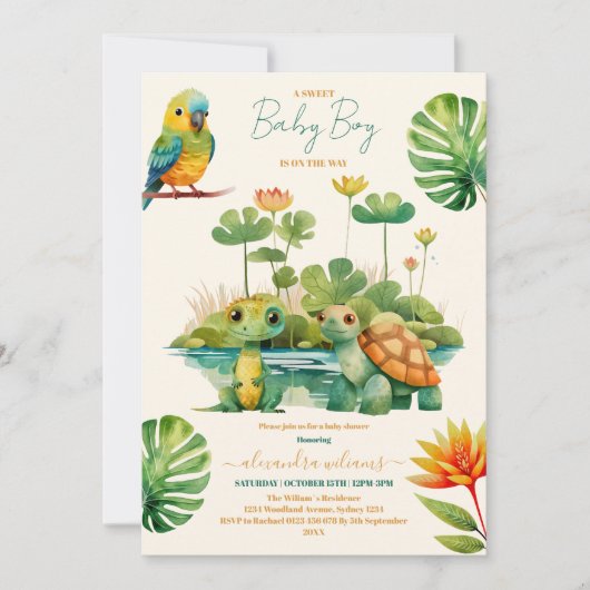 男の赤ちゃん熱帯ジャングルサファリ動物シャワー 招待状 (正面)