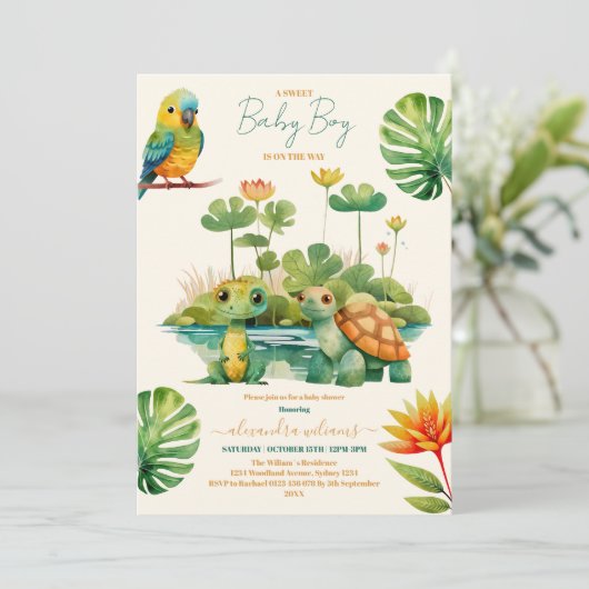 男の赤ちゃん熱帯ジャングルサファリ動物シャワー 招待状 (スタンド正面)