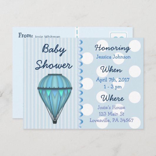 男の赤ちゃん熱気球ベビーシャワー招待状 インビテーションポストカード (正面/裏面)