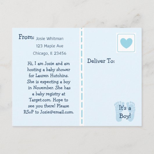 男の赤ちゃん熱気球ベビーシャワー招待状 インビテーションポストカード (裏面)