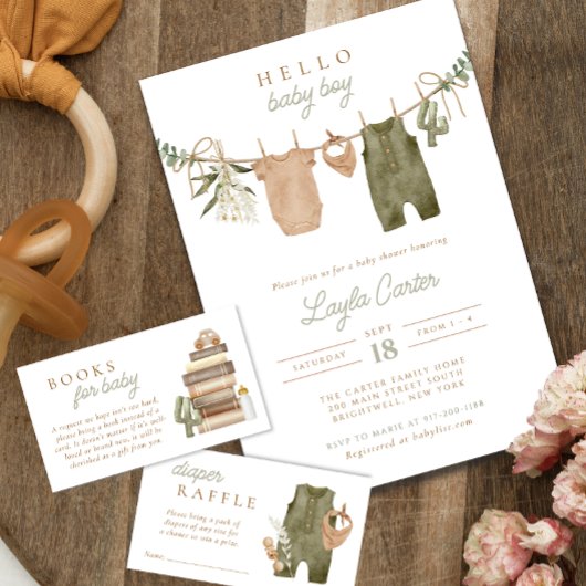 男の赤ちゃん物干しニュートラルセージボホベイビーシャワー 招待状