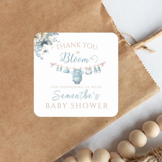 男の赤ちゃん物干し水彩サンキューステッカー スクエアシール