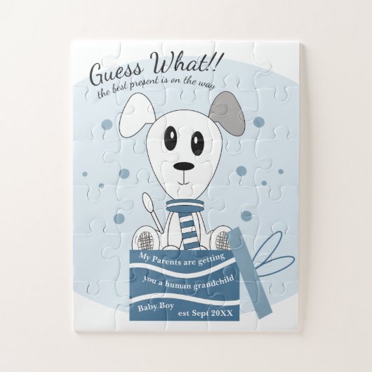 男の赤ちゃん犬の妊娠の発表（青） ジグソーパズル (縦)