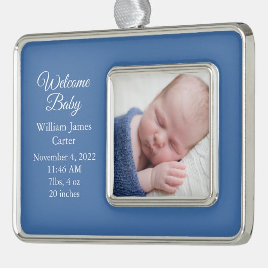 男の赤ちゃん生まれたばかりの写真かわいい青の形見ギフト シルバープレートフレームオーナメント (左)