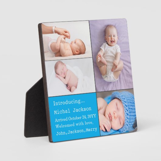 男の赤ちゃん生まれたばかりの写真の生誕発表青 フォトプラーク (正面)