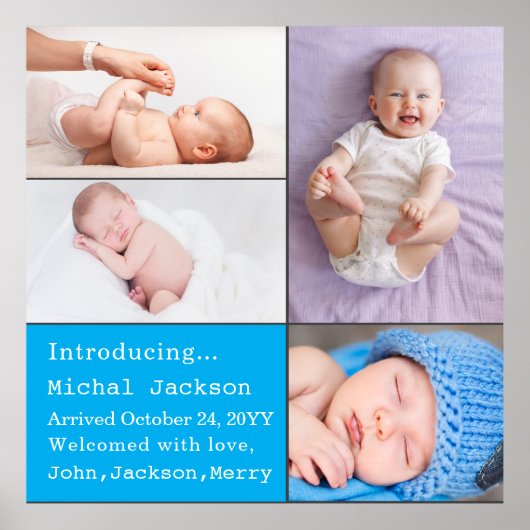 男の赤ちゃん生まれたばかりの写真の生誕発表青 ポスター (正面)