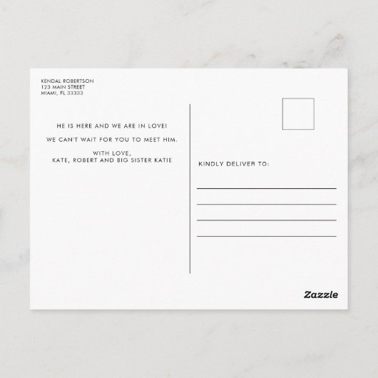 男の赤ちゃん生まれたばかりの写真の誕生発表Blue Pos ポストカード (裏面)