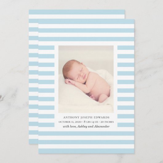 男の赤ちゃん生まれたばかりの。ブルーストライプ航海の誕生 案内状 (正面/裏面)