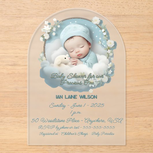 男の赤ちゃん用ベビーシャワー大切装置 アクリル招待状 (正面)