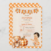 男の赤ちゃん秋のプレイドテディベアパンプキン葉 招待状 (正面/裏面)
