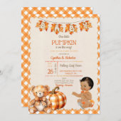 男の赤ちゃん秋のプレイドテディベアパンプキン葉 招待状 (正面/裏面)