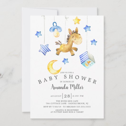 男の赤ちゃん移動式馬ベビーシャワー 招待状 (正面)