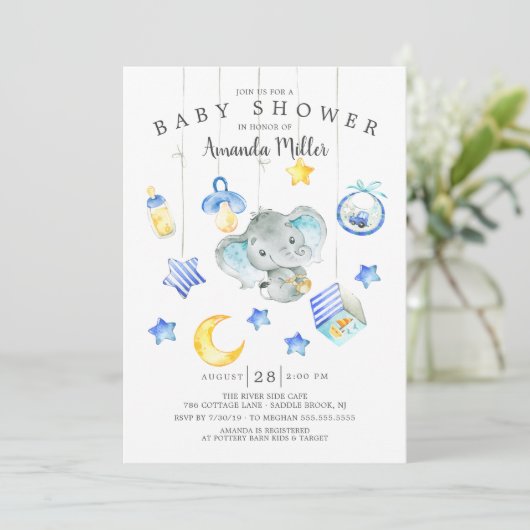 男の赤ちゃん移動象のベビースシャワー 招待状 (スタンド正面)