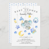 男の赤ちゃん移動象のベビースシャワー 招待状 (正面/裏面)