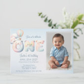 男の赤ちゃん第1の誕生日テディベア気球の写真 招待状 (スタンド正面)