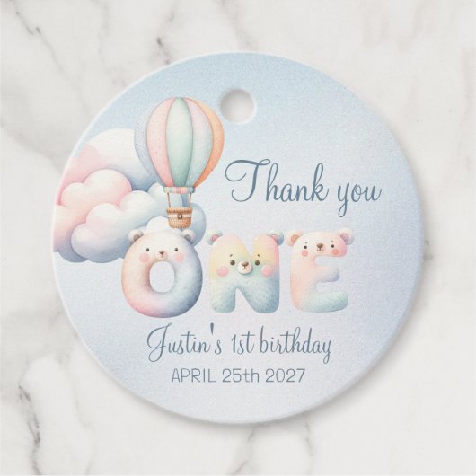 男の赤ちゃん第1の誕生日テディベア気球雲 フェイバータグ (正面)