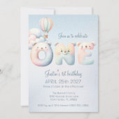 男の赤ちゃん第1の誕生日テディベア気球雲 招待状 (正面)